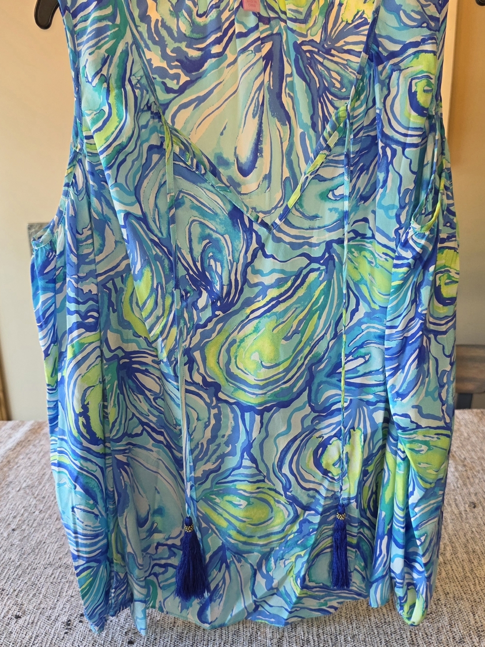 Lilly Pulitzer Blue Green Swirl Print Long Sleeve Open Shoulder Blouse